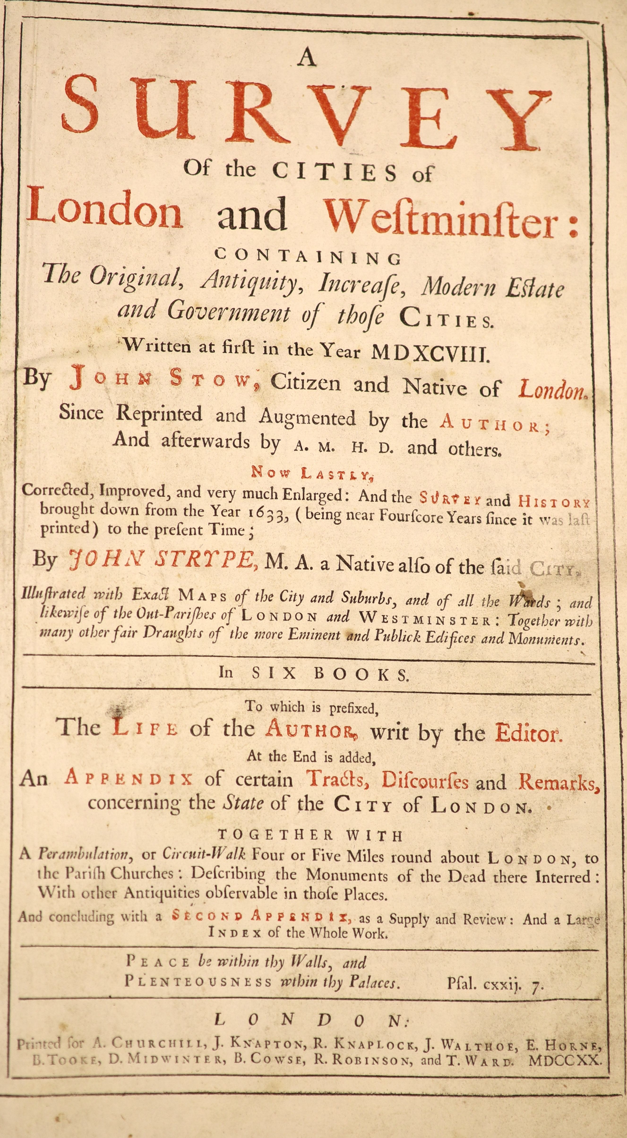 Stow, John - A Survey of the Cities of London and Westminster ... Written at first in the year MDXCVIII... Now lastly, corrected, improved, and very much enlarged ... by John Strype .. to which is prefixed